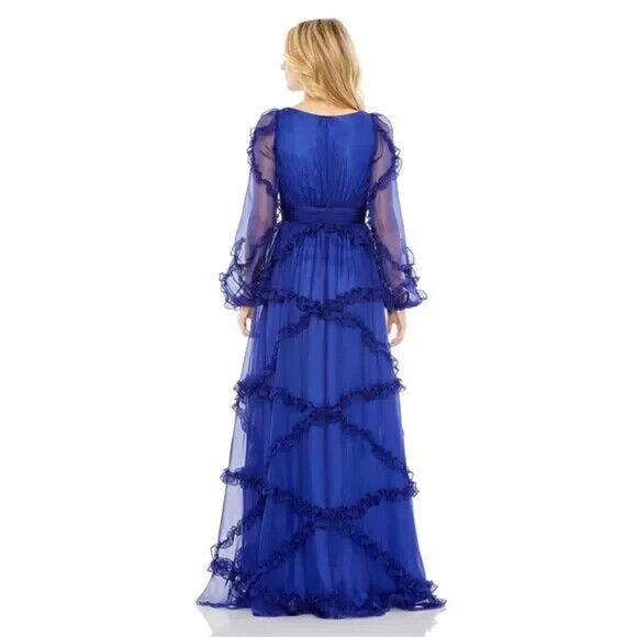 Mac Duggal 68223 Cascaded Ruffle Bishop Puff Sleeve A Line Gown Blue Sz 10 NEW - Picture 5 of 9